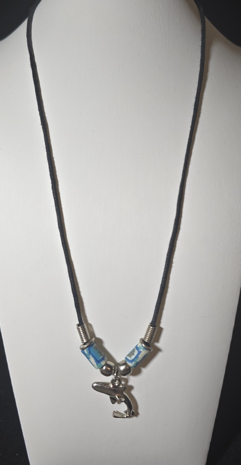 Dolphin Pendant with Silver & Multi-color Beads on Black Cord Necklace 18″