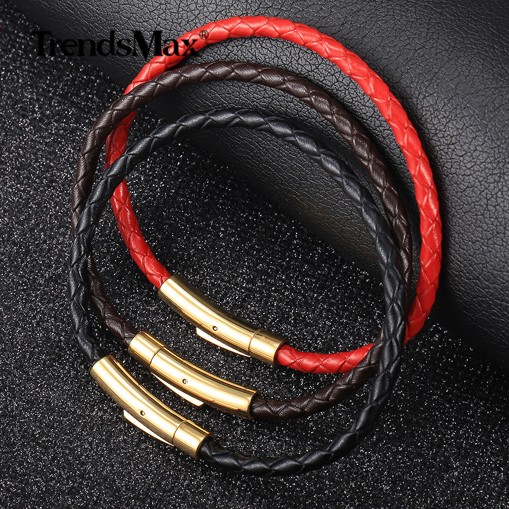 4/6mm Red/Brown/Black Braided Leather Rope Bracelet Stainless Steel Gold Clasp