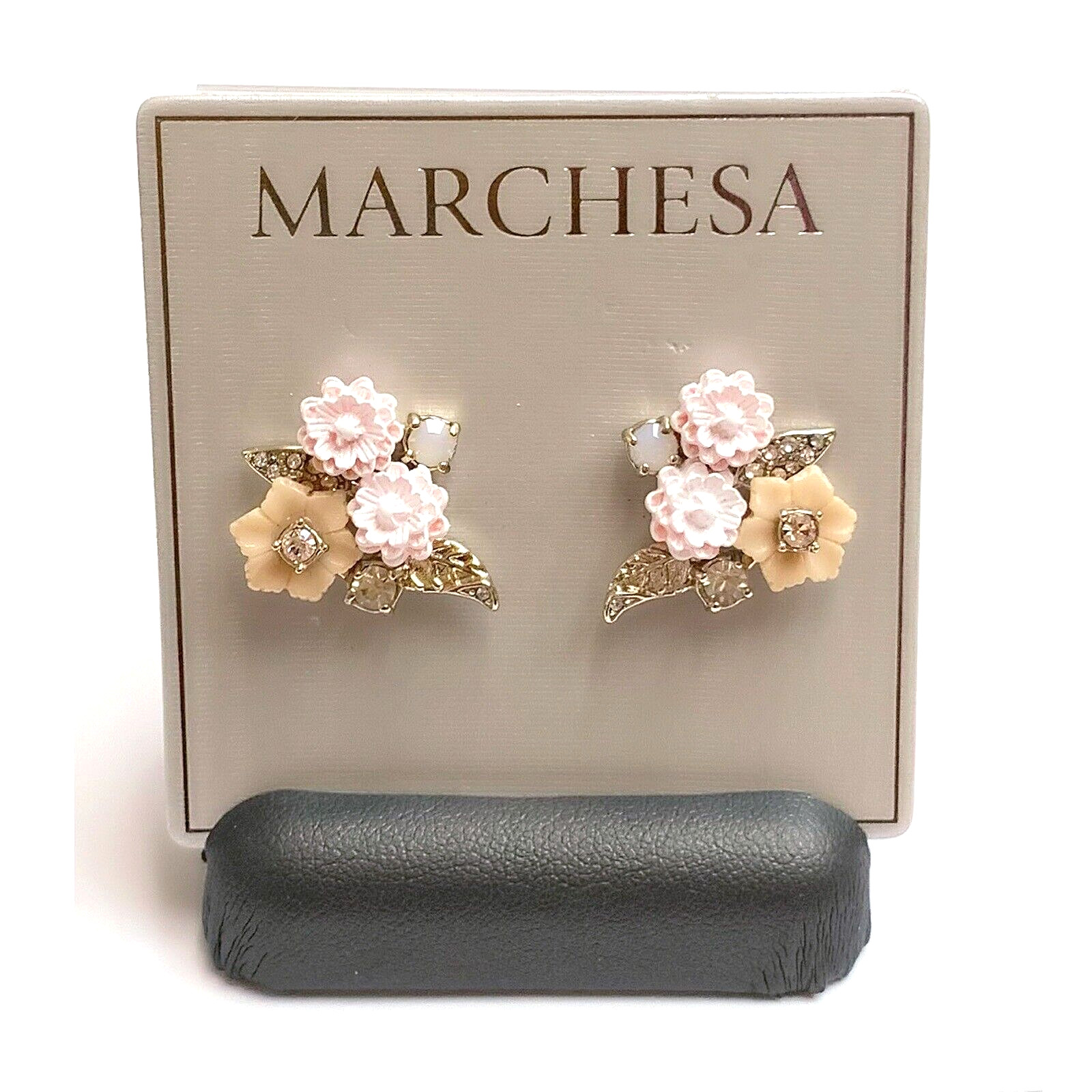 NWT MARCHESA FLOWERS/LEAVES CLUSTER 12-K Gold Plated Pave Crystal Stud Earrings