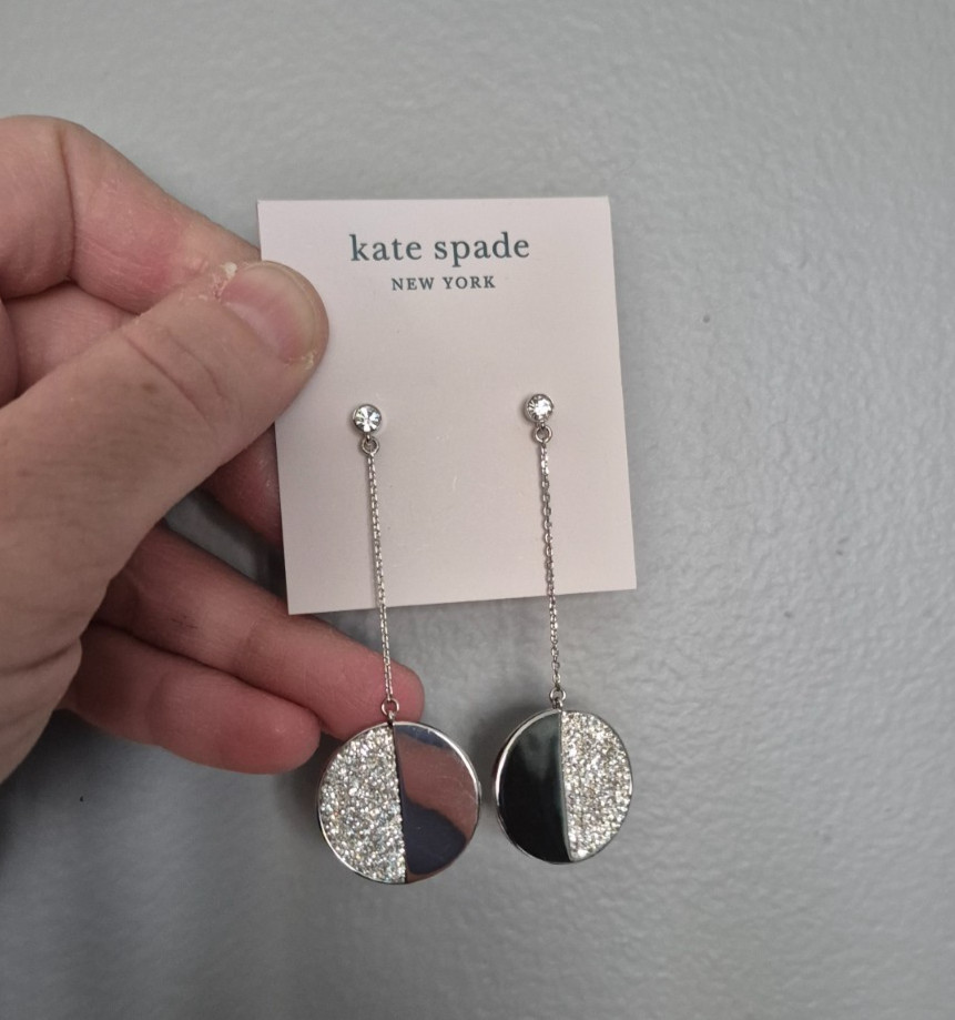 Kate Spade Scallop pave linear Mod round dangle earrings silvertone
