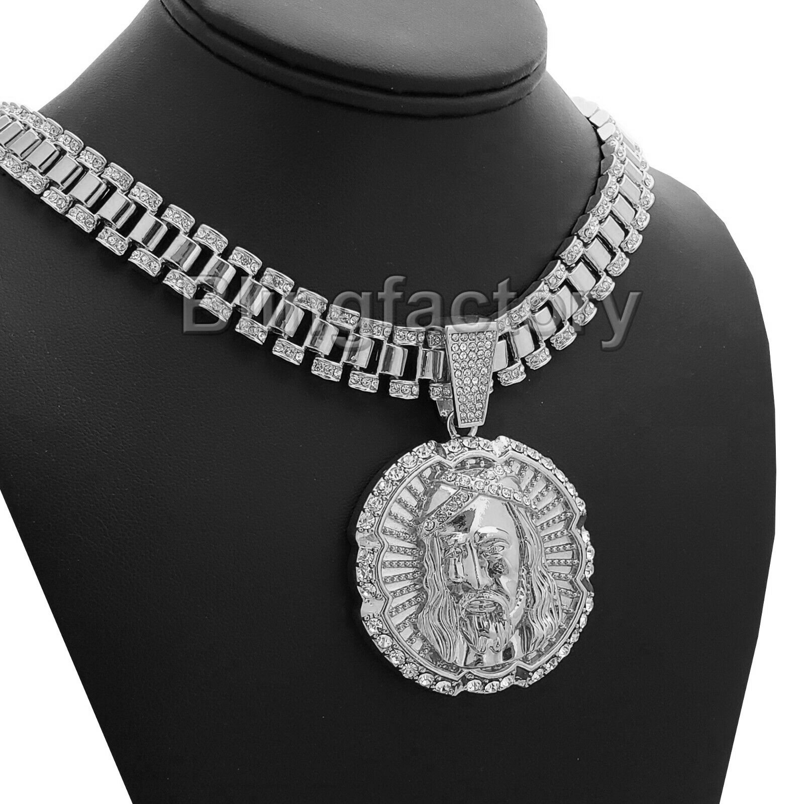 Jesus Face Hip Hop Silver Plated & 18″ Iced Cubic Zirconia Choker Chain Necklace