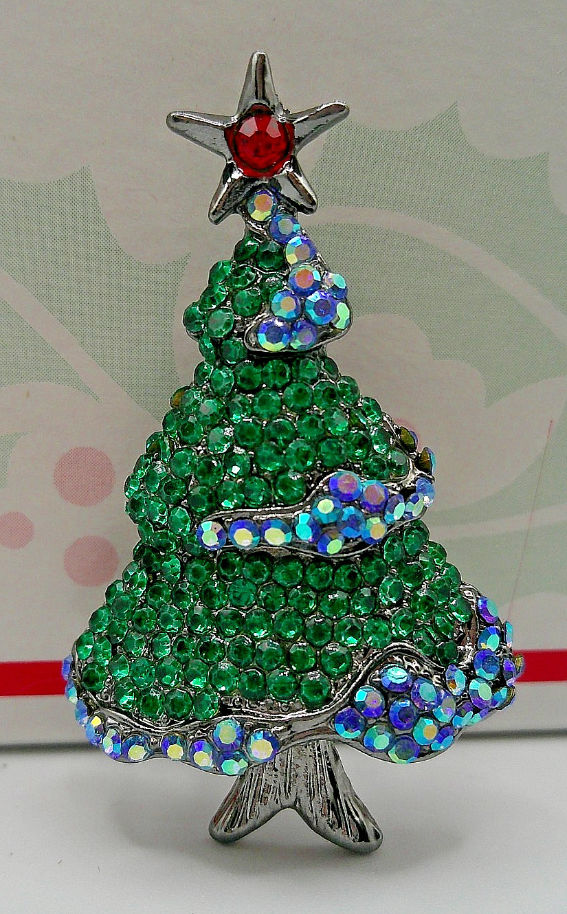 Green Blue Rhinestone Christmas Tree Brooch Holiday Pin ~ 1.75″ (SN18)
