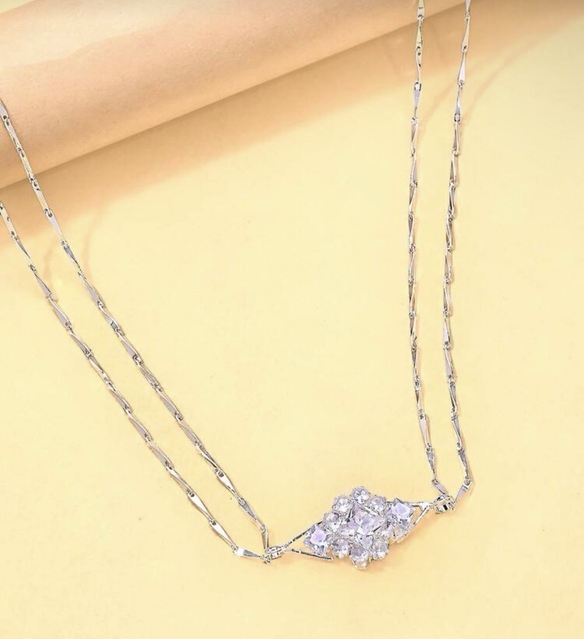 Silver Tone Link Chain Choker Necklace w/ Clear Marquise CZ Cluster Pendant