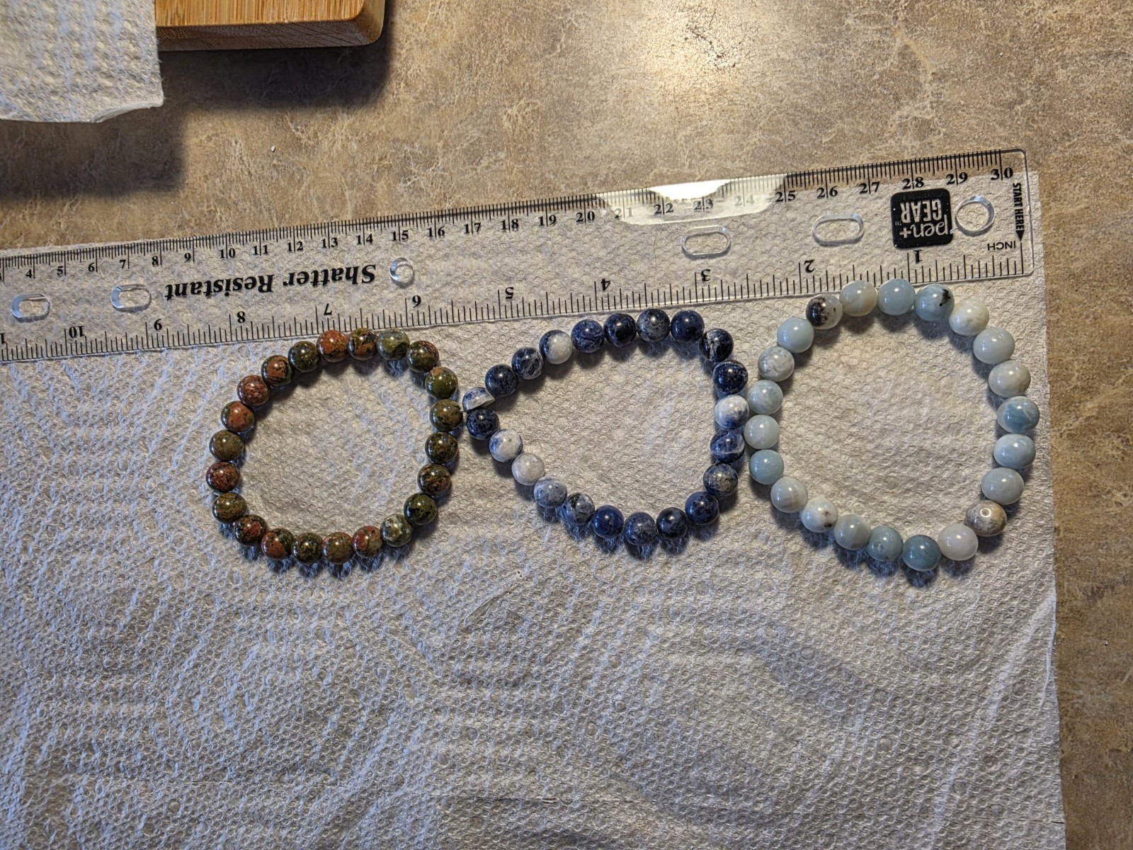 Lot of 3 Beaded Stretch Bracelets, Unakite, Sodalite, Amazonite