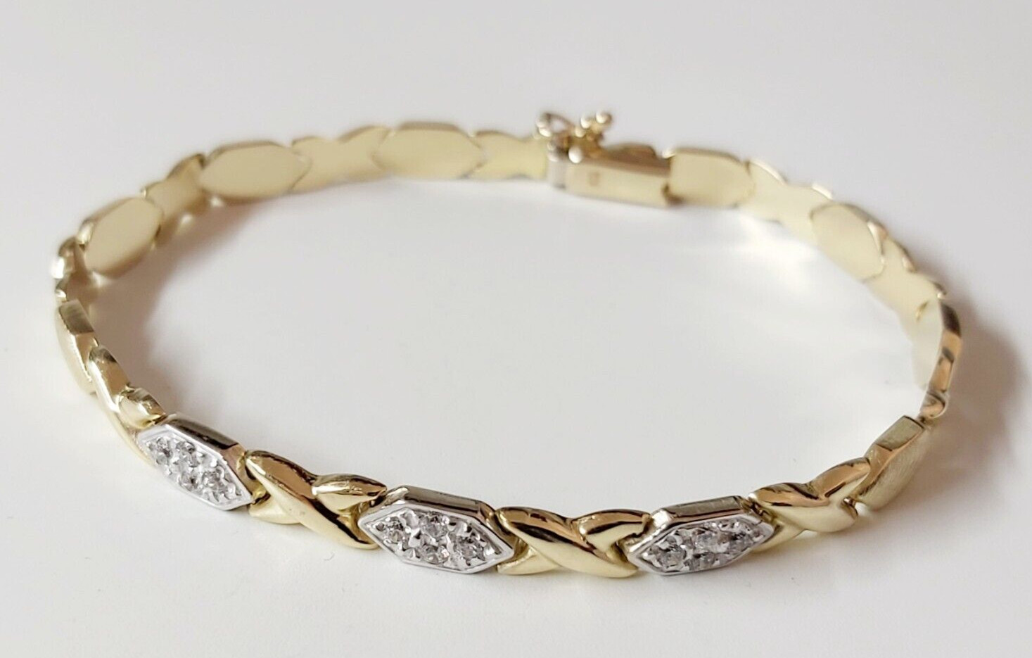 14K Solid Yellow-White Gold Cubic Zirconia Bracelet Length 19.5 cm / 7.7 inches