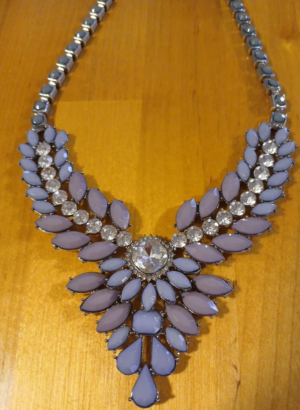 Vintage Lavender Mauve Rhinestone Bib Necklace Chevron V Statement Clear Stones