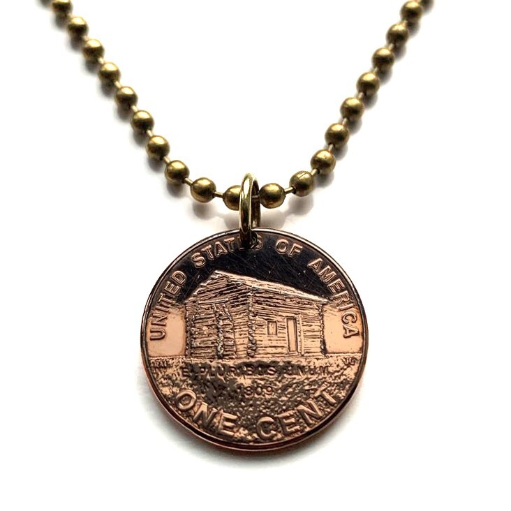 2009 USA Penny coin pendant Abraham Lincoln log cabin Honest Abe Kentucky 003795
