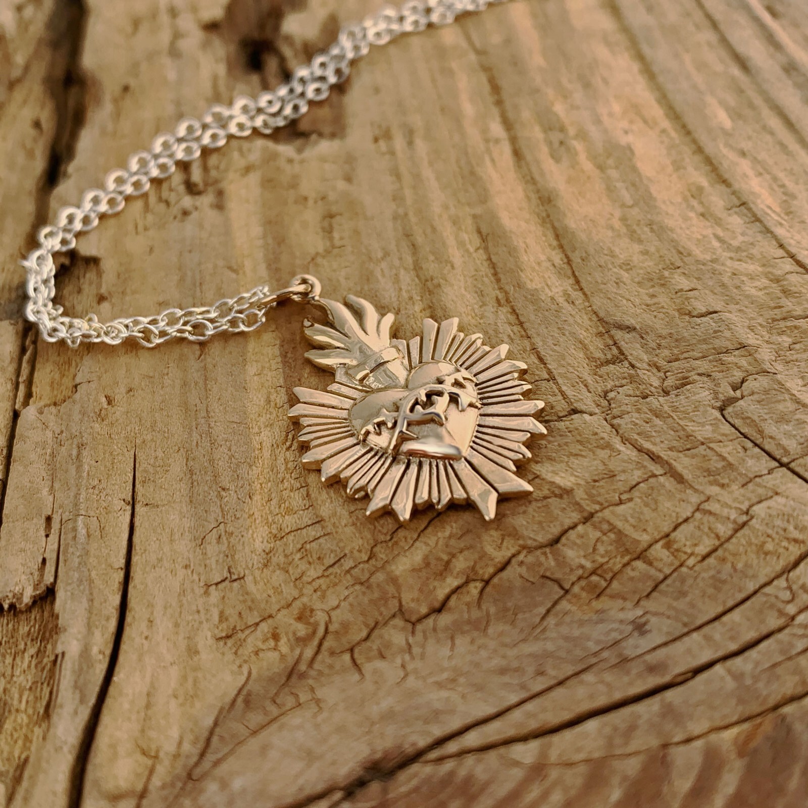 Bronze Flaming Sacred Heart Pendant Necklace Mixed Metals Thorns Sterling Silver