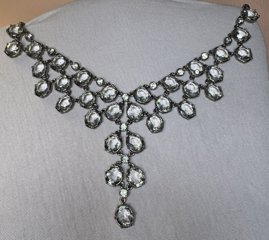 Apt.9 Gun Metal Clear Rhinestone Glass Bib Statement Choker Necklace 17″
