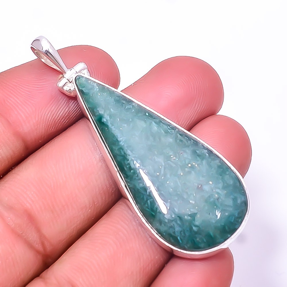 Green Aventurine -India 925 Sterling Silver Pendant 2.15″ P, Christmas Gift