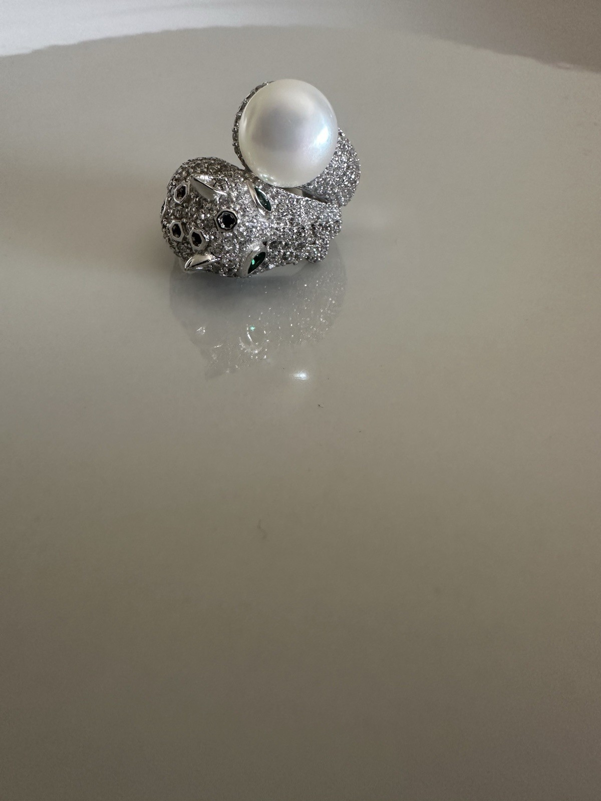 Ring 925 Silver Panther Head, Green Eye Cubic Zirconia With Pearl 7_8 Size