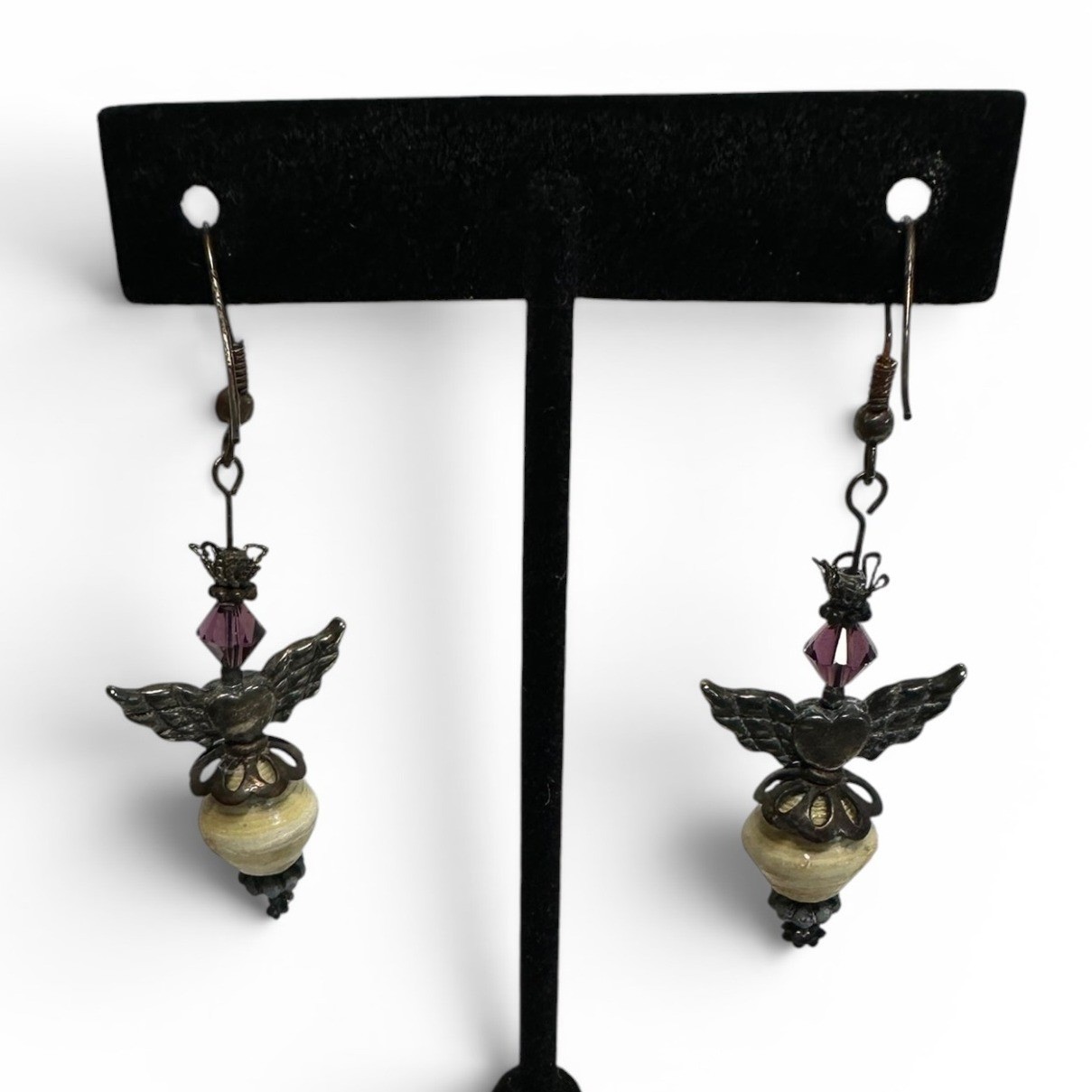 Angel Drop Earrings Cream Antiqued Silver Tone Purple Whimsigoth