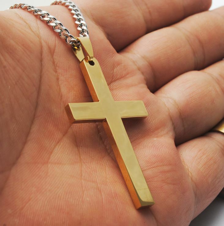 24″ Men stainless steel Plain Silver Gold Plated cross pendant Cuban Necklace