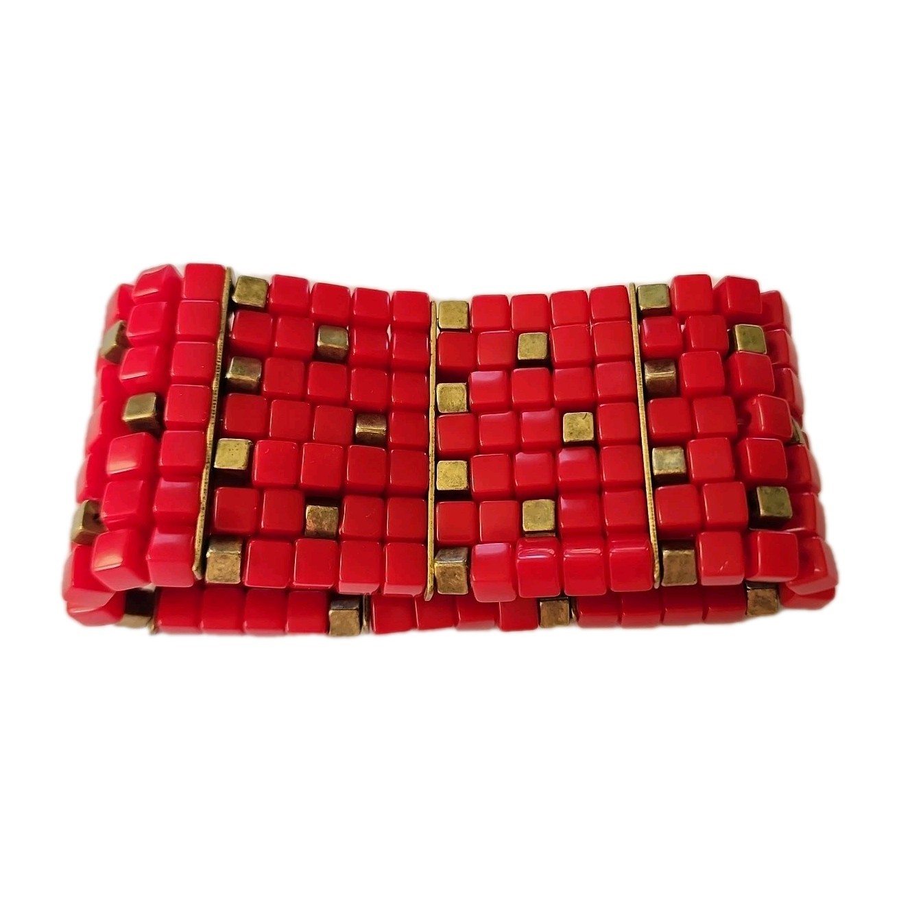 Women’s Unique Art Deco Red & Brass Cubes Mosaic Stretch Bracelet Cuff Vintage