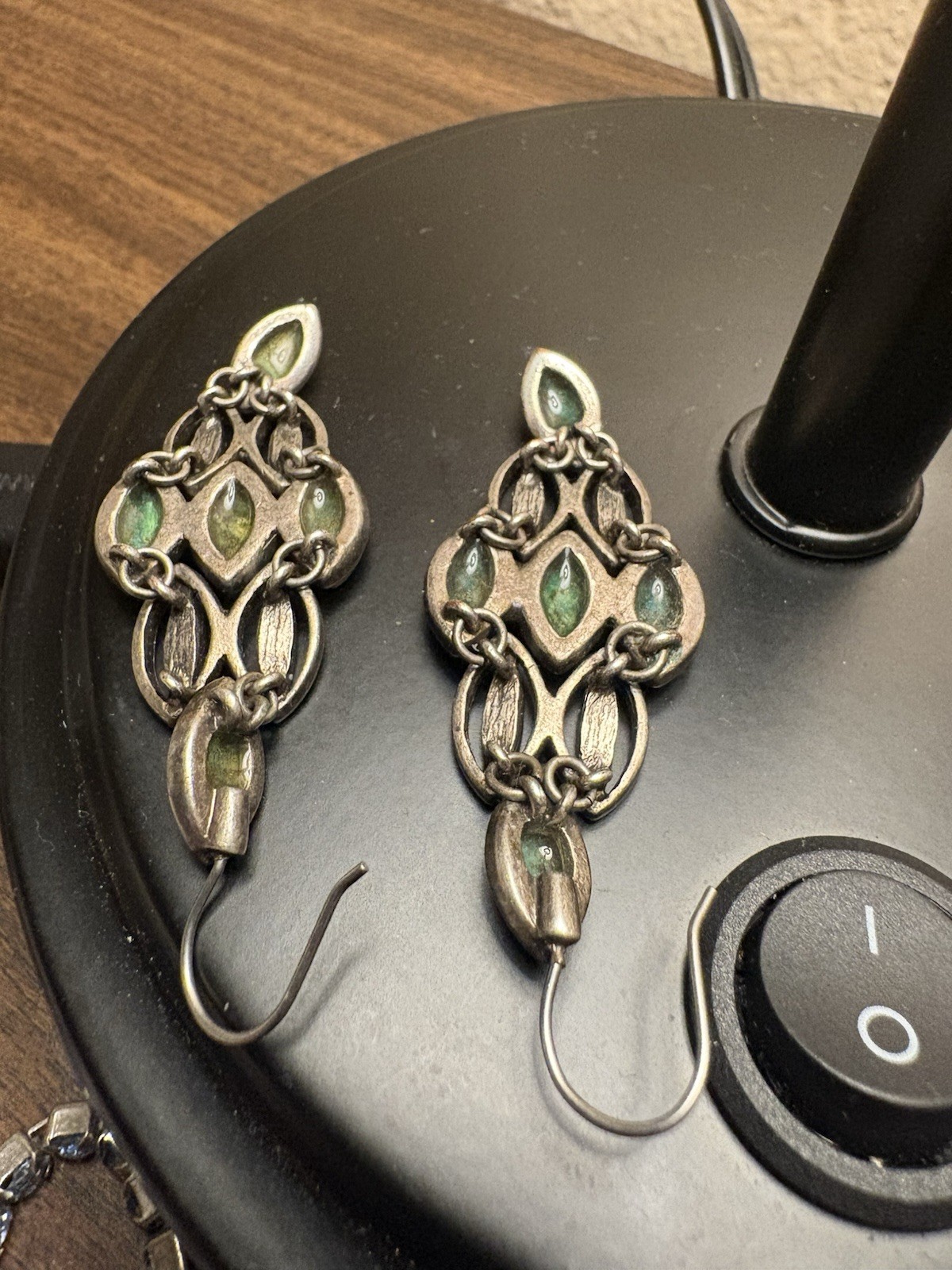 Silver-Tone Asymmetrical Dangle/Drop Hook Earrings w/ Green Marquise Stones