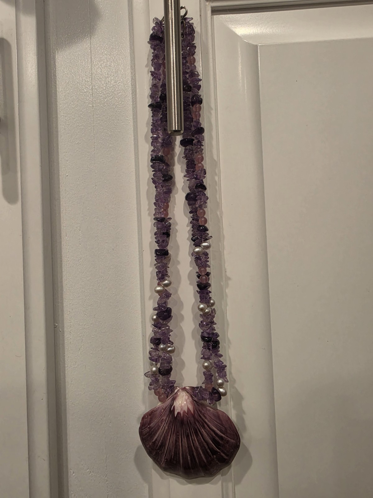 Purple Shell Pendant Beaded Necklace w/ Amethyst Chips & Pearls Beach Theme