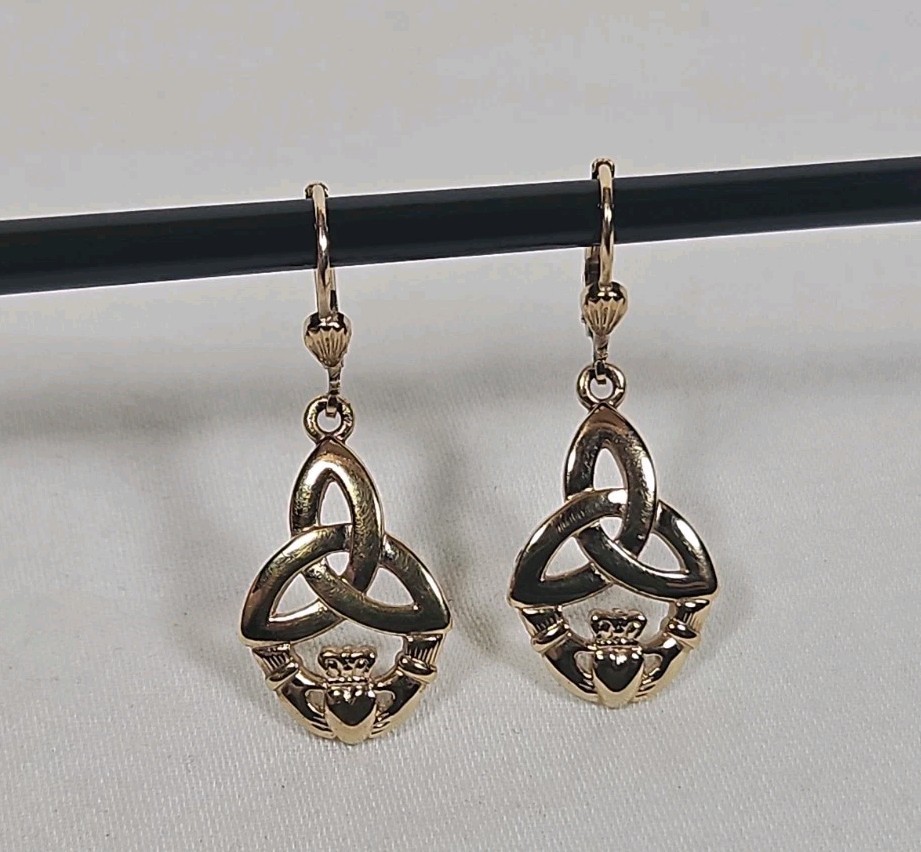 Triquetra Claddagh Earrings Celtic Dangle Drops Pierced Gold tone Signed Soldor