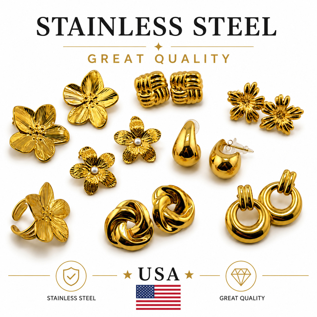 18k Gold Plated Stainless Steel Flower Petals Stud Earring