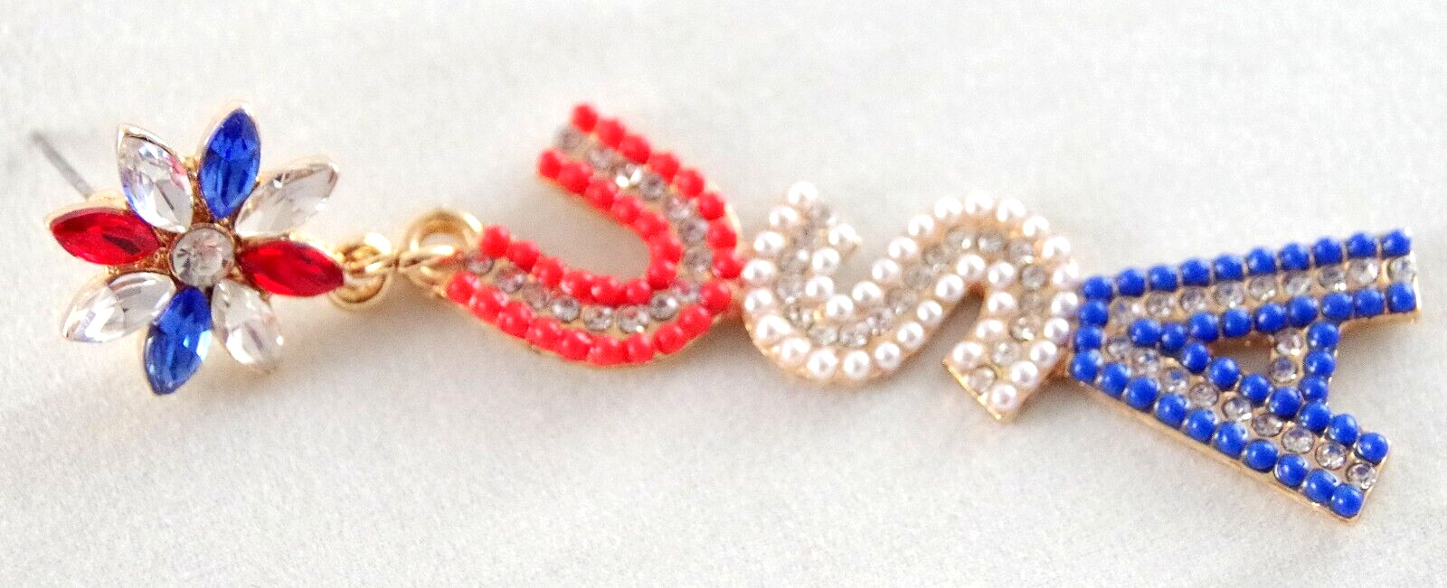 3″ BETSEY JOHNSON PATRIOTIC USA RED WHITE & BLUE RHINESTONE DROP DANGLE EARRINGS
