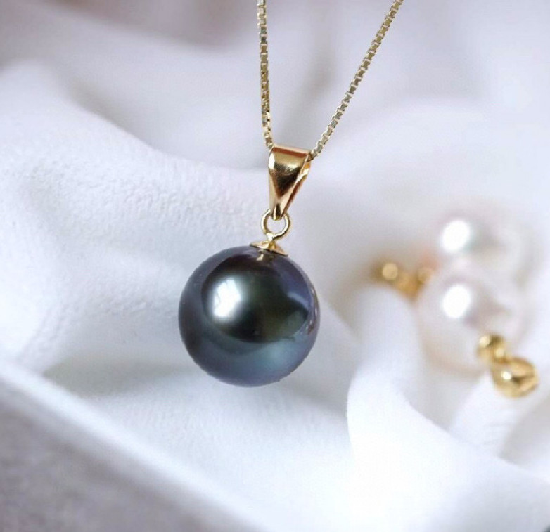 18K Gold Tahitian Black SHELL Pearl Pendant 18″ Necklace Sterling Silver Set Box