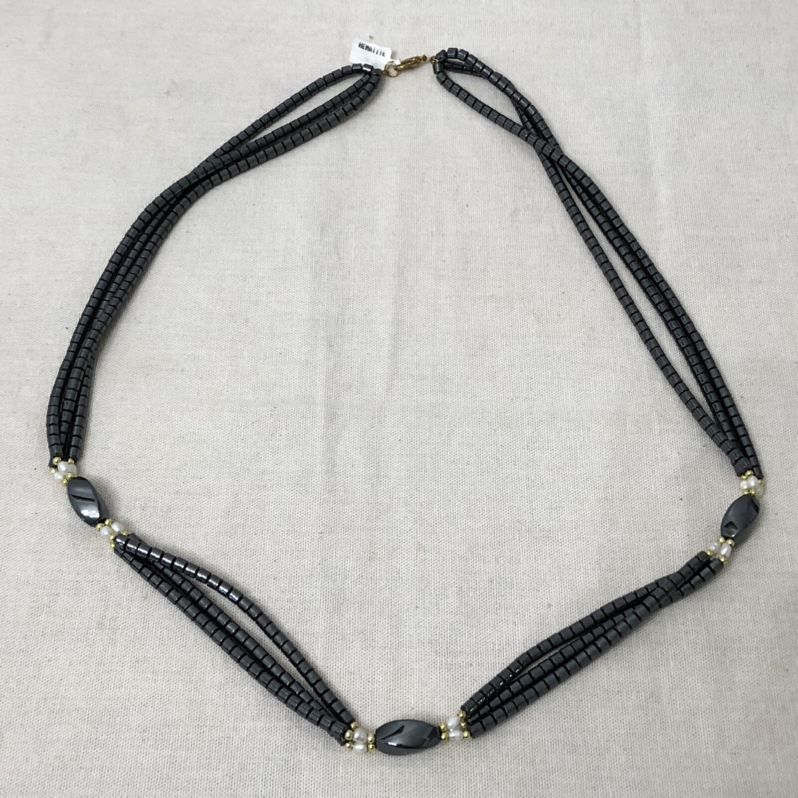 Triple Strand Hematite Stone Necklace Faux Pearls & Goldtone Spacers Length 32”