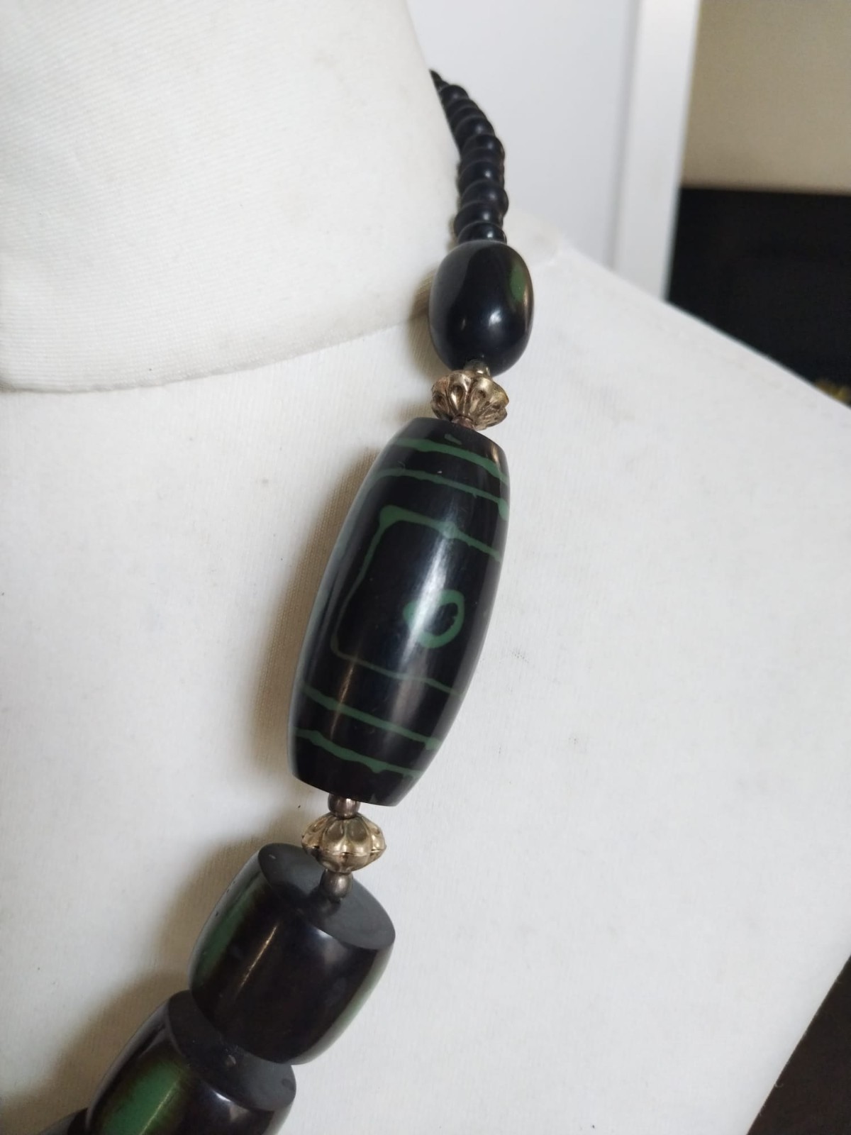 Vintage Chunky Black Green Resin, Metal Mixed Shapes Beaded Statement Necklace