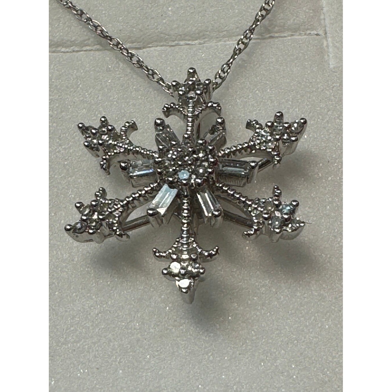 10 Karat Gold, Diamond, Baguette, Snowflake Necklace