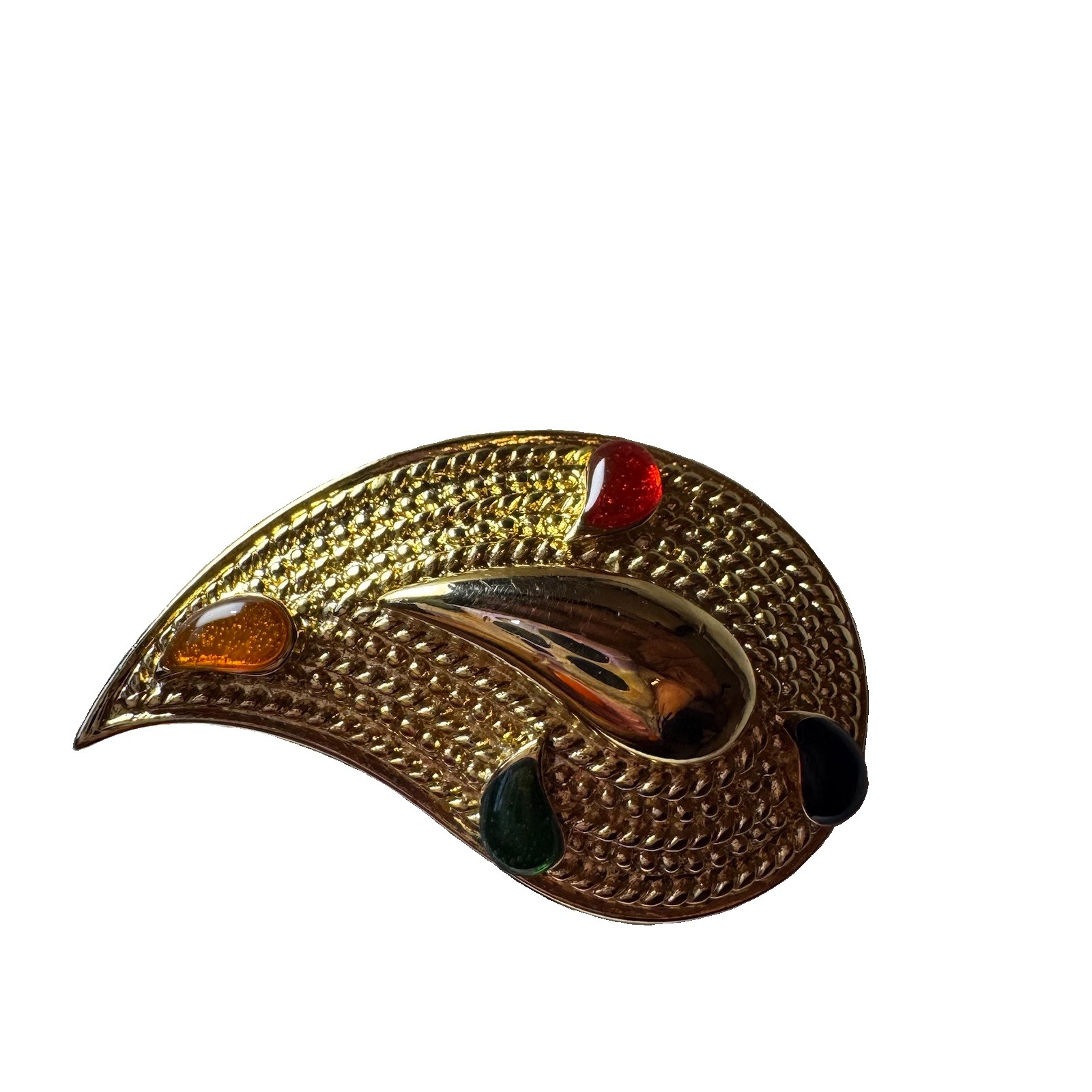 Gold Tone Metal Teardrop Swirl Textured Brooch Pin Art Theme Red Green Orange