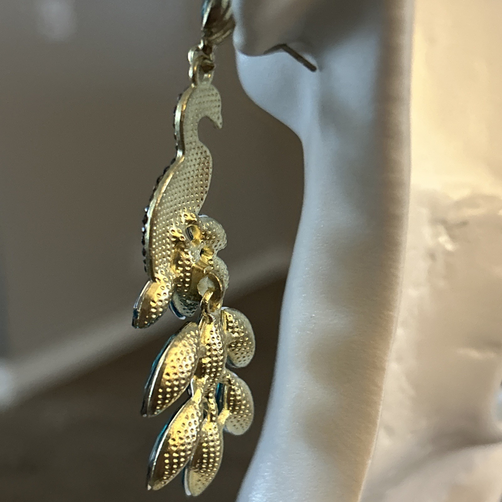 Gorgeous Teal Green Rhinestone Peacock Dangle Earrings