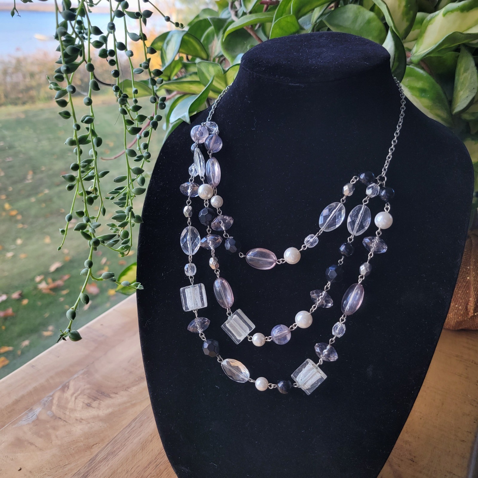 Multi-Strand Layered Beaded Necklace Silver Tone Black White Purple Accents