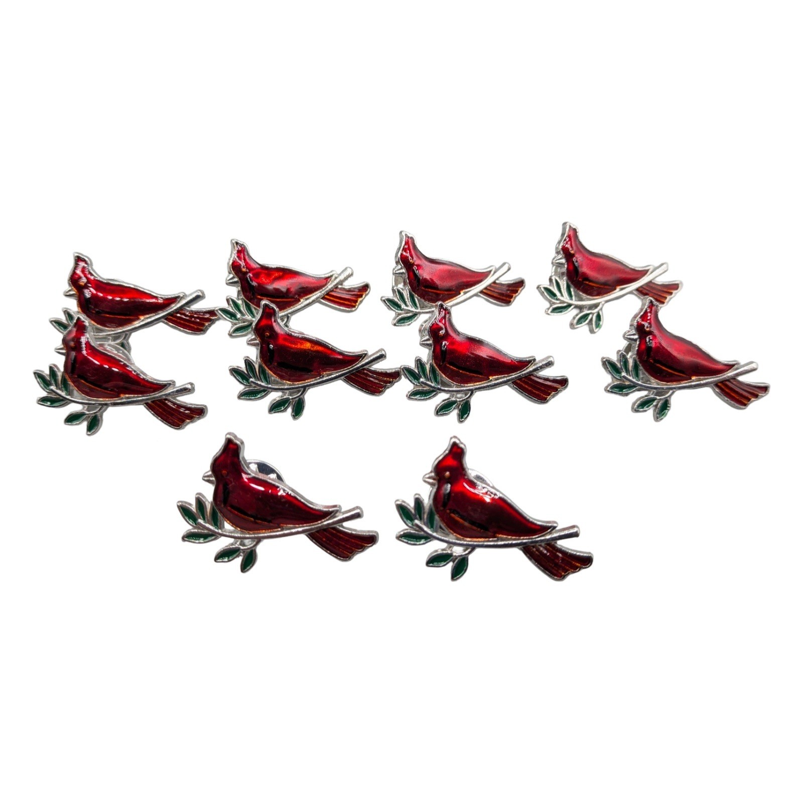 Red Cardinal Bird Enamel Pins Silver Tone Set of 10 Holiday Nature Lapel Pins