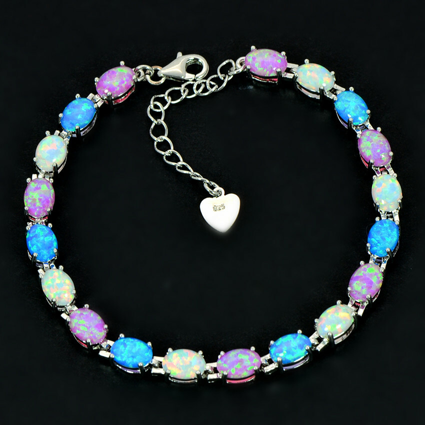Vikoly Blue/White/Orange/Pink Oval 925 Sterling Sliver Fire Opal Bracelet 18cm
