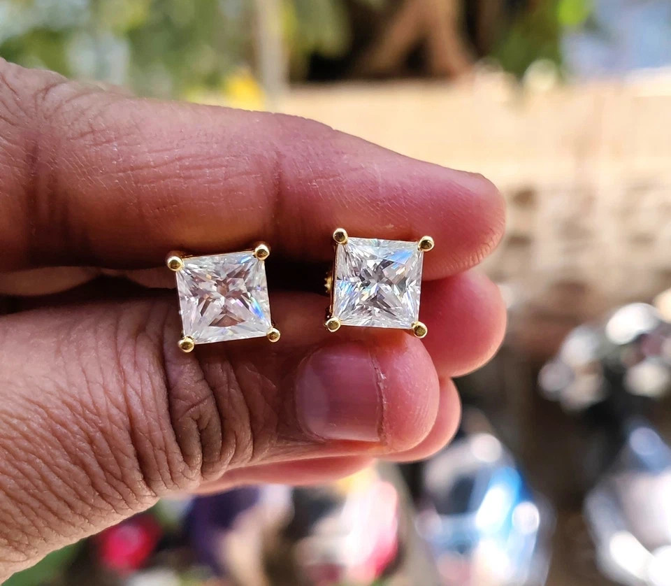 1.00Ct Princess Cut Moissanite Solitaire Stud Earrings 14K Yellow Gold Plated
