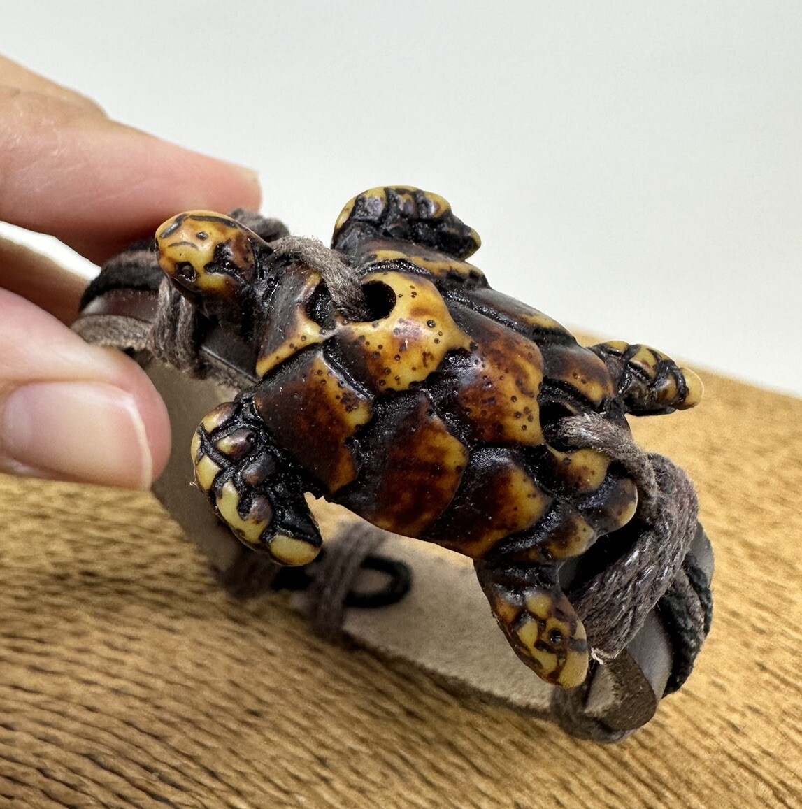 Handcrafted Brown Turtle Bracelet with Adjustable Leather Cord – Unique Jewelry
