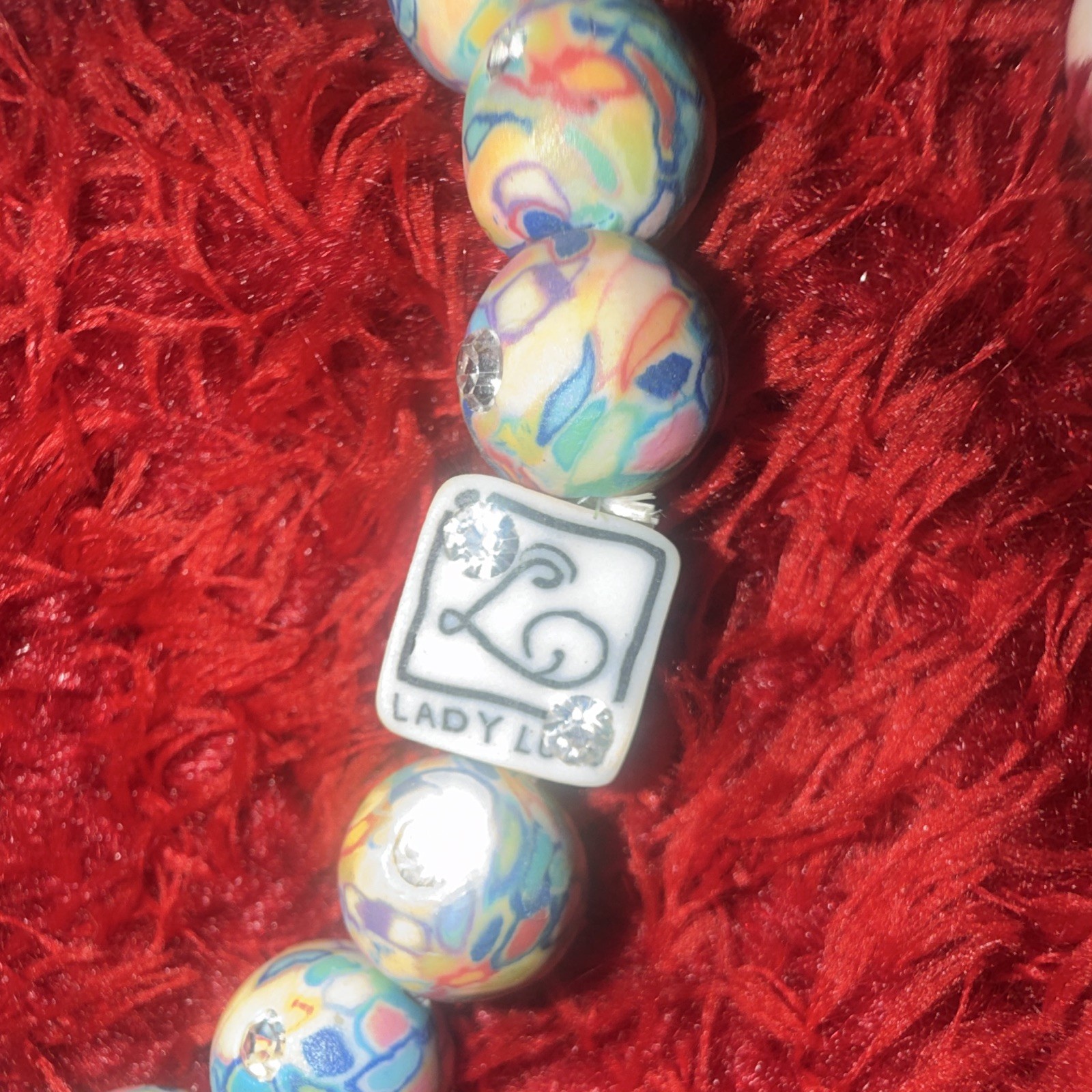 Lady Lux Signed Multicolor Floral Beaded Stretch Charm Bracelet Polymer Clay