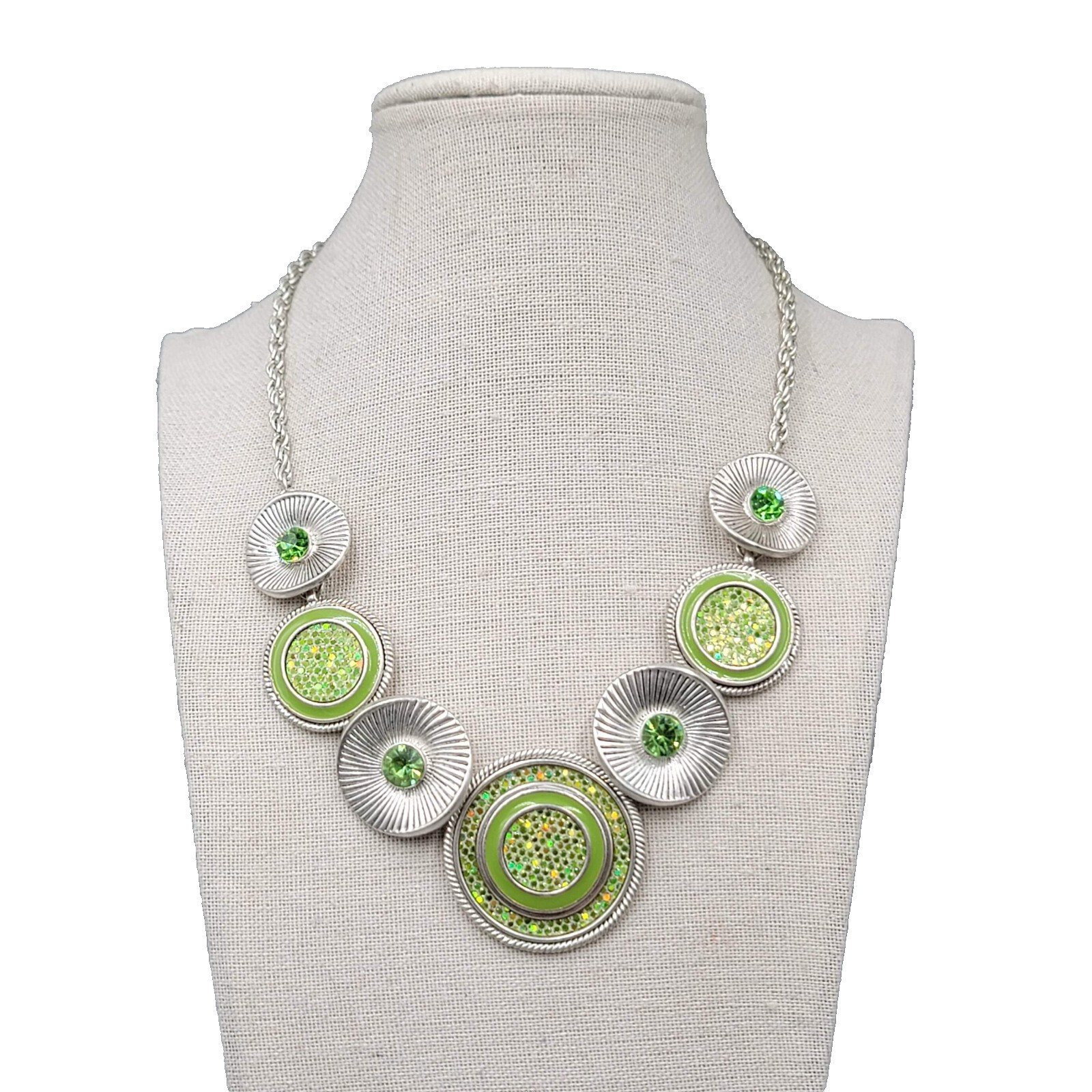 Green Rhinestone Necklace Silver tone Statement Adj 16″-19″