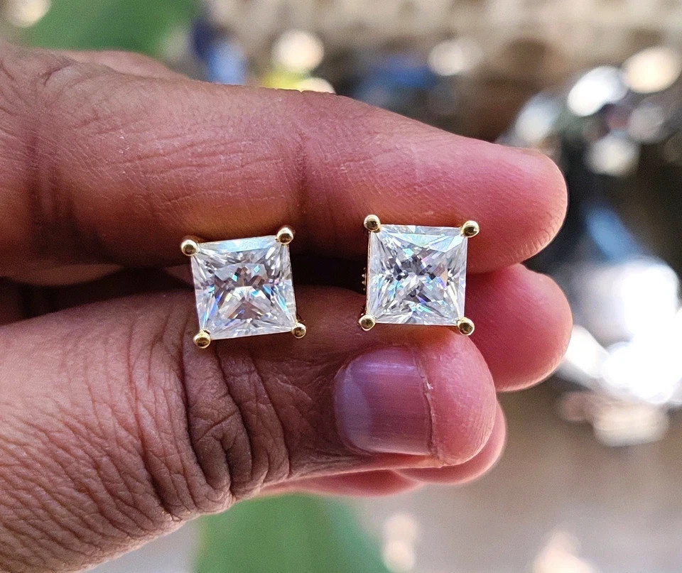 1.00Ct Princess Cut Moissanite Solitaire Stud Earrings 14K Yellow Gold Plated