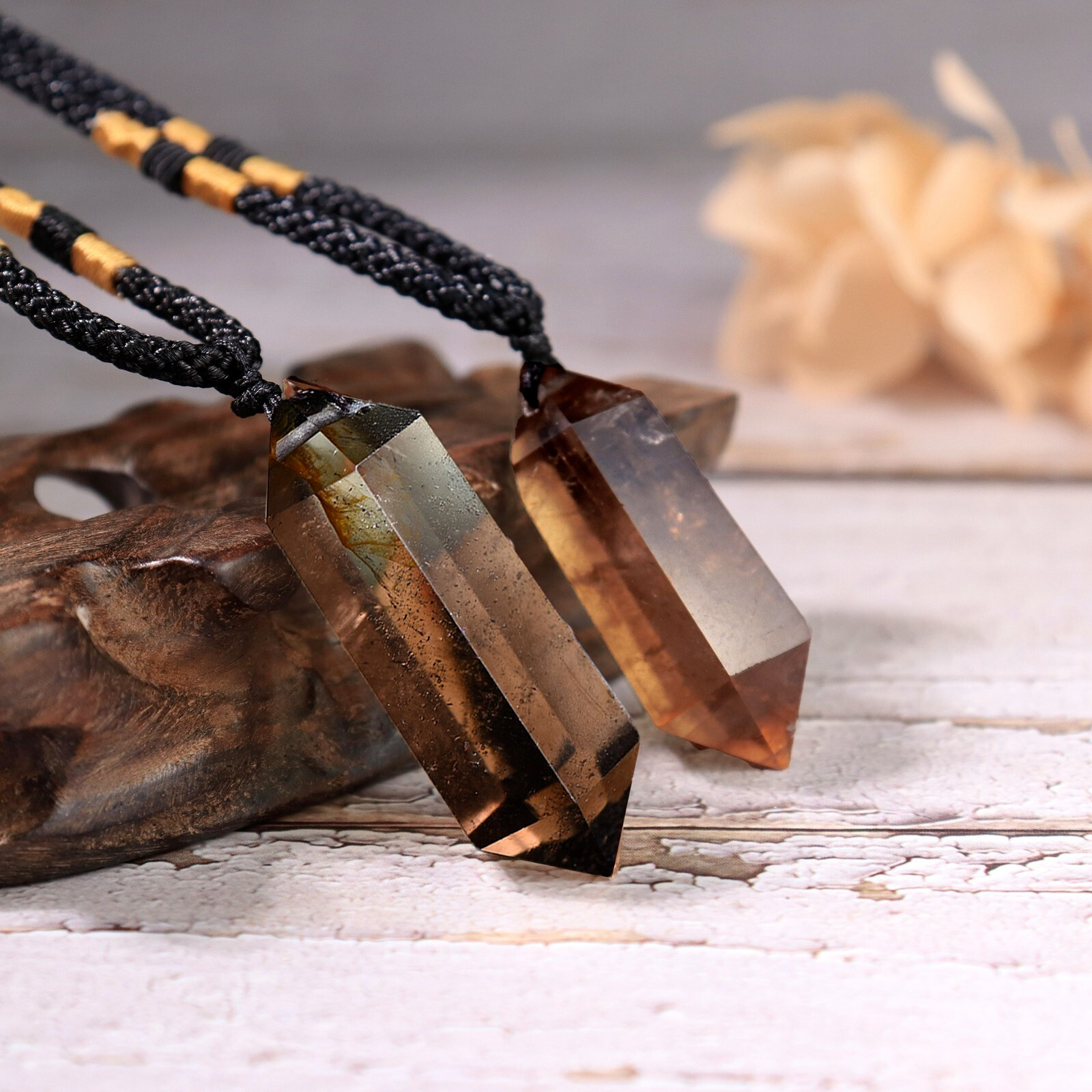 Smoky Quartz Double Point Pendant Natural Crystal Chakra Women Men Necklace Gift