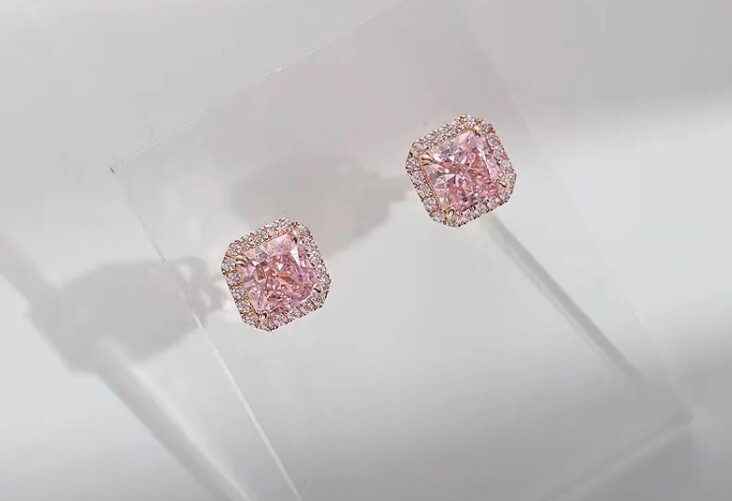 Exquisite 18k Gold Plated Pink Zircons Square Stud Earrings Copper Base