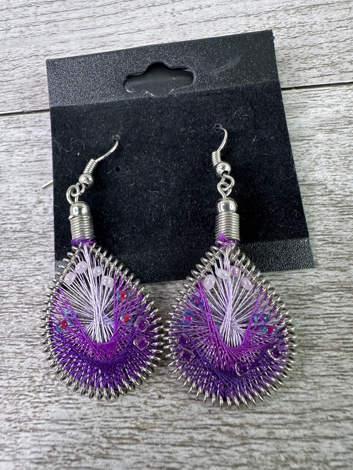 Artisan Purple Thread Wrapped Teardrop & Blue White Beaded Insect Dangle