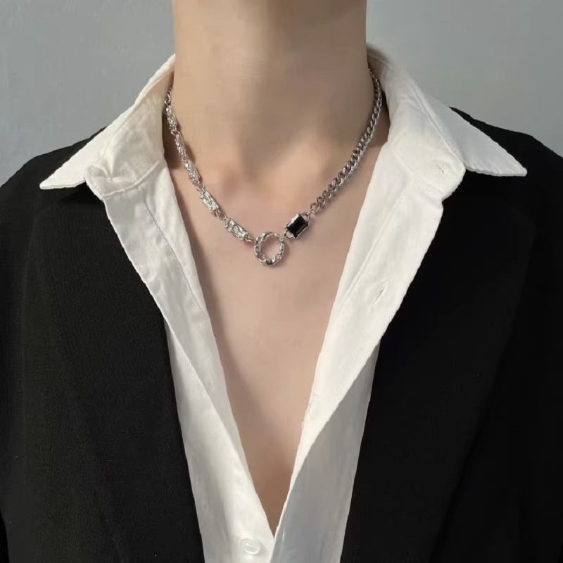 Silver Titanium Mixed Link Necklace Square Black Zirconia Clasp Unisex Jewelry