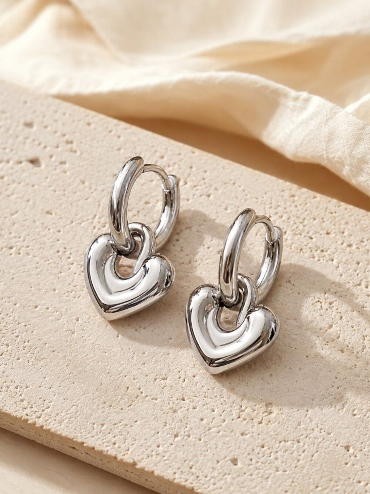 Classic Puffy Heart Drop Earrings Waterproof Non-Tarnish Stainless Steel Huggies