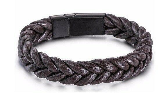 Unisex Black or Brown Stainless Steel and Woven Leather Cuff Bracelet Wristband