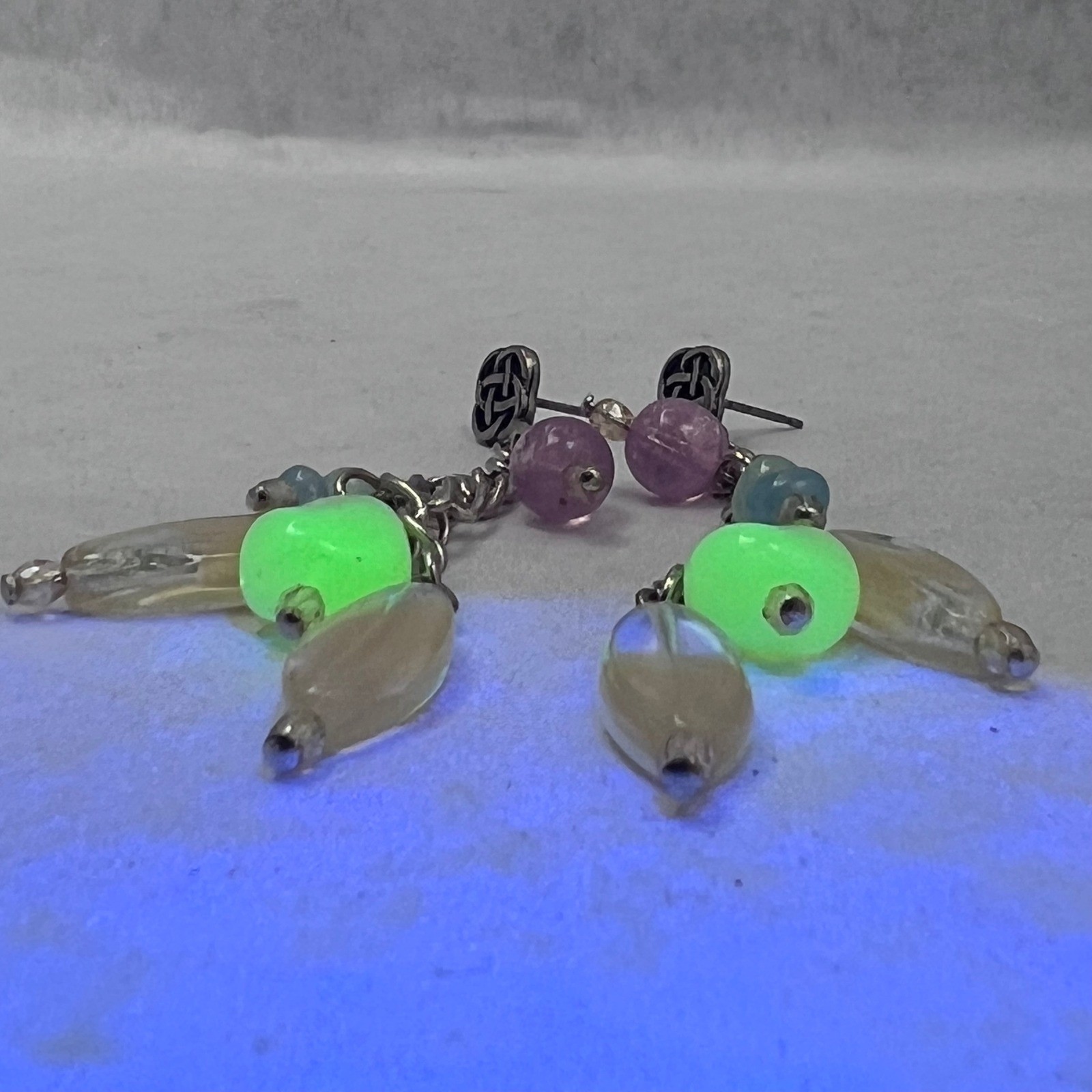 Uranium Glass Celtic Knot Drop Earrings UV Reactive Glow Multi Color Beads