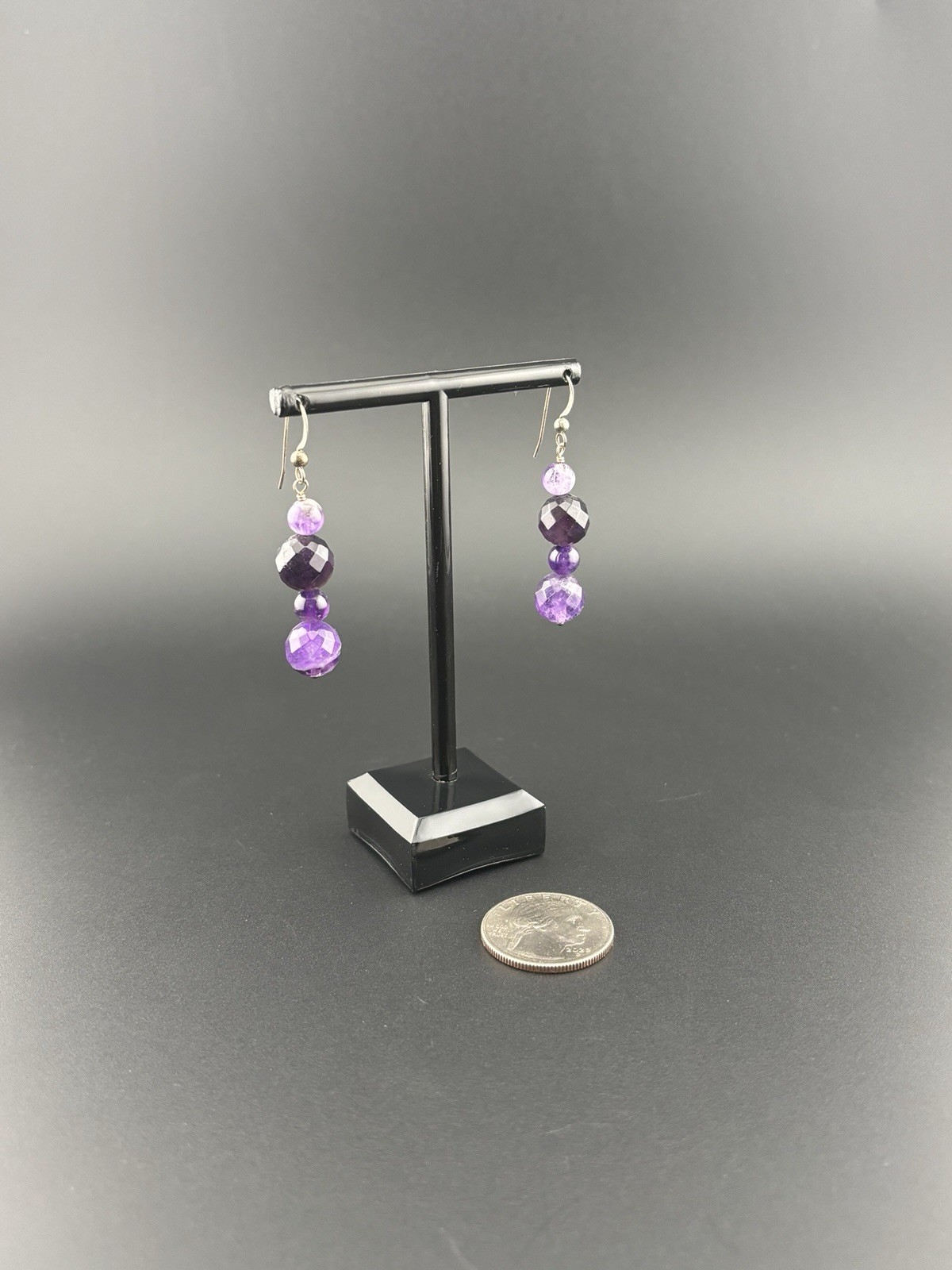 Genuine Amethyst 925 Sterling Silver Faceted Bead Dangle Earrings Purple