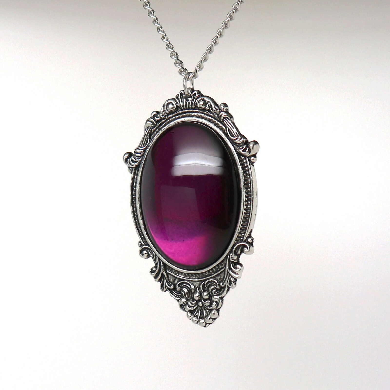 Purple Oval Stone in Silver Pewter Frame Pendant Necklace Jewelry NK-620P
