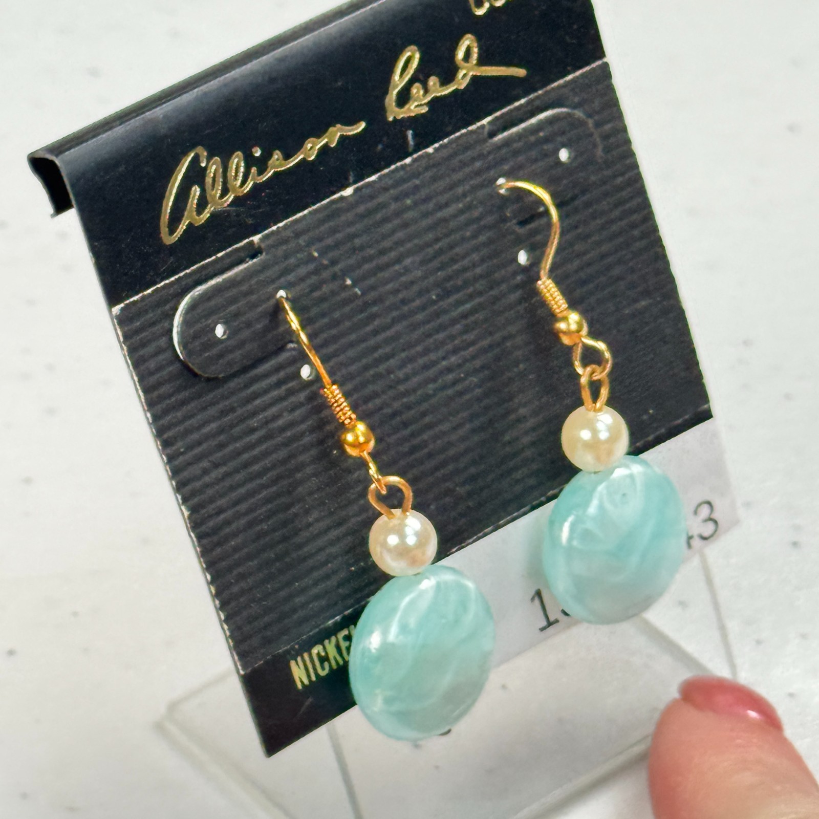 Vintage Pierced Earrings Allison Reed aqua Swirl Bead Faux Pearl Dangle USA