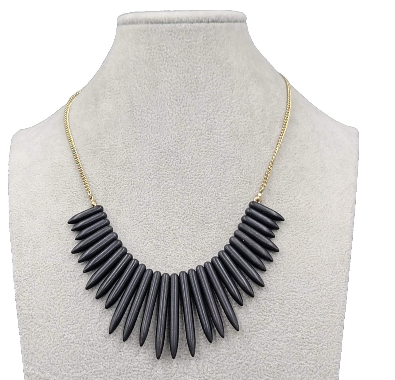 Black Stone Bar Fringe Collar Necklace Gold tone Chain 18″ +