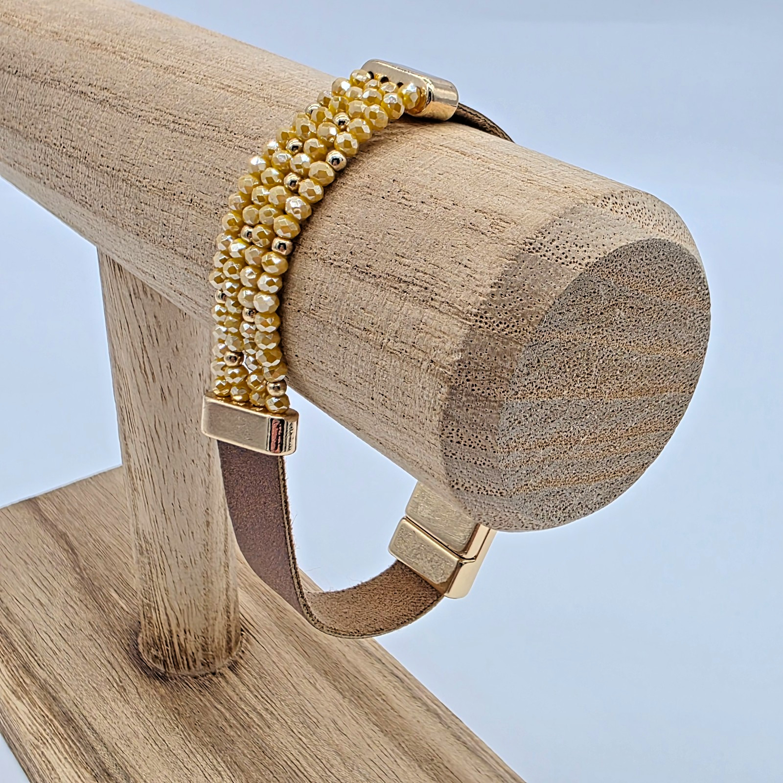 Plunder CAMERON Brown Suede Ochre Crystal Gold Bar Magnetic Strap Bracelet