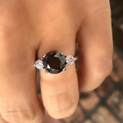 2Ct Round Cut Simulated Black Diamond Three Stone Ring In 14K White Gold Plated